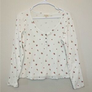 Ultra‎ Flirt Juniors Scallop-Edge Floral Print Cotton White Henley Top Size XL